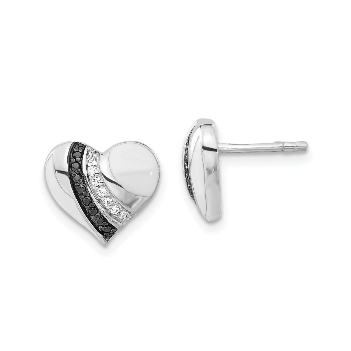 Sterling Silver Heart Stud Earrings with Black and White Cubic Zirconia, Diagonal Stripe Design