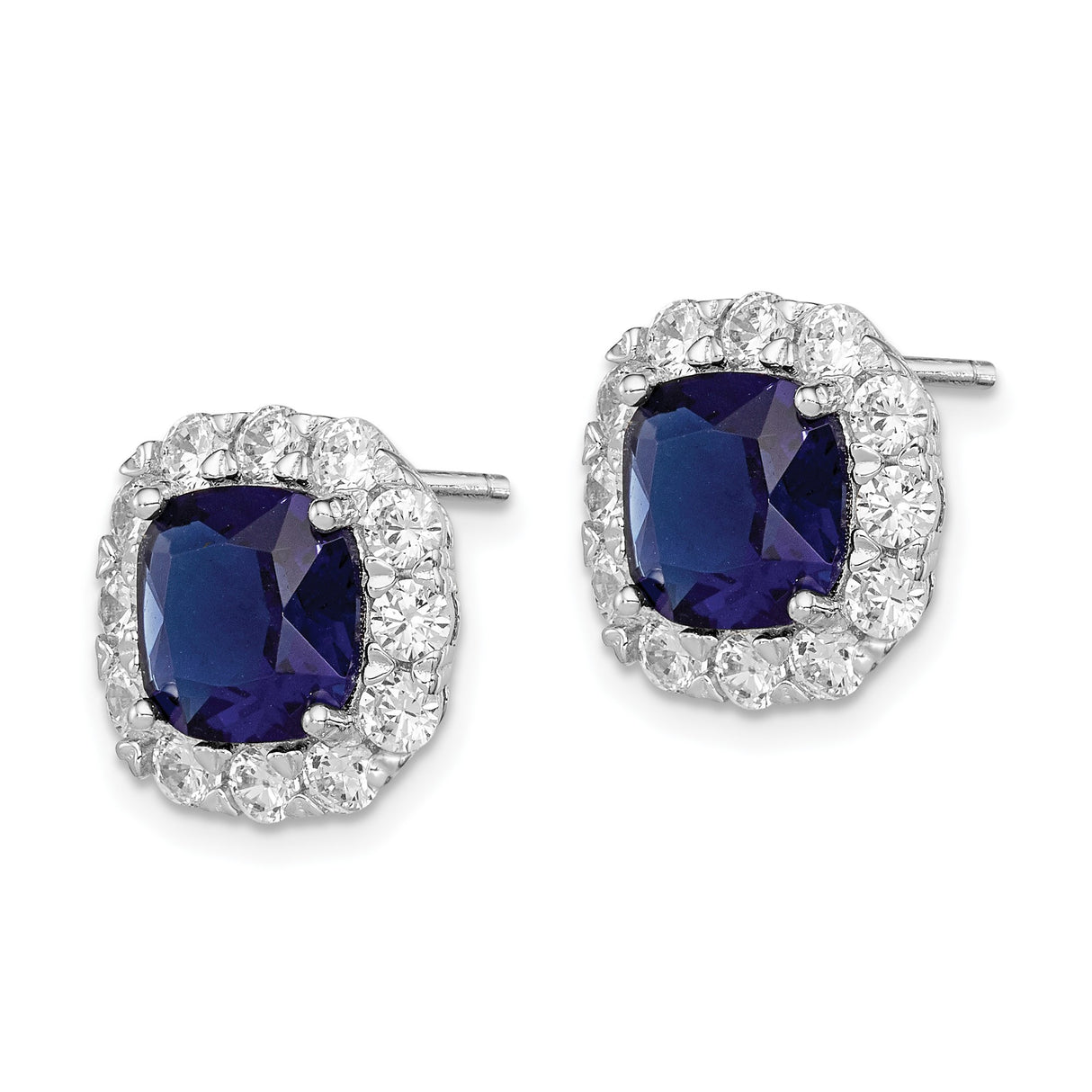 Sterling Silver Stud Earrings with Cushion-Cut Deep Blue Cubic Zirconia and Halo Design
