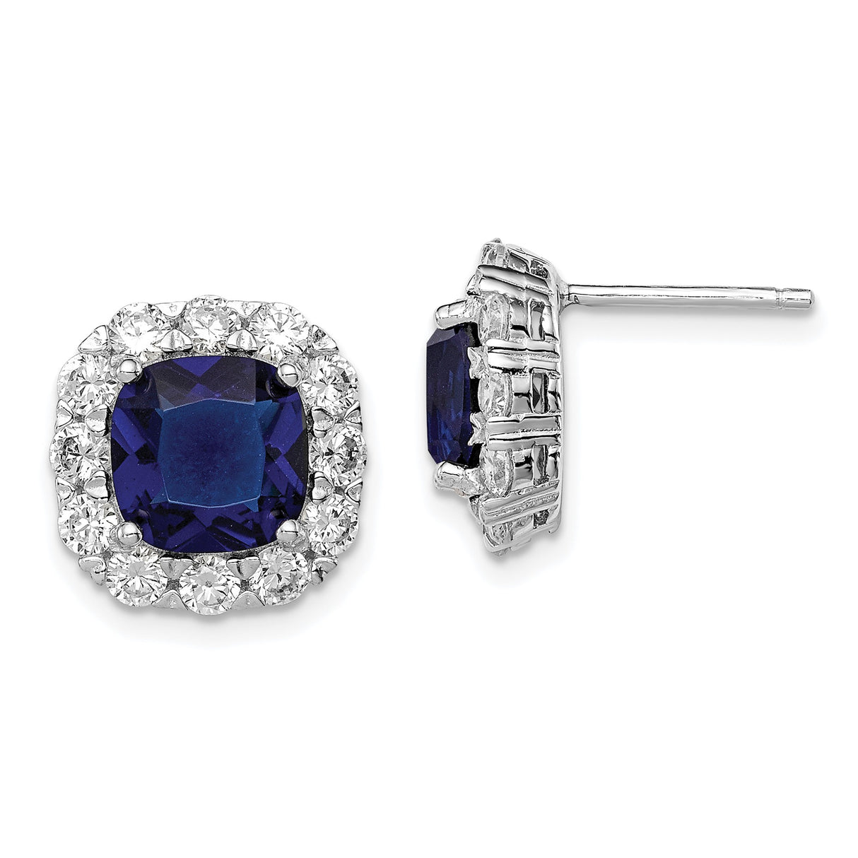 Sterling Silver Stud Earrings with Cushion-Cut Deep Blue Cubic Zirconia and Halo Design