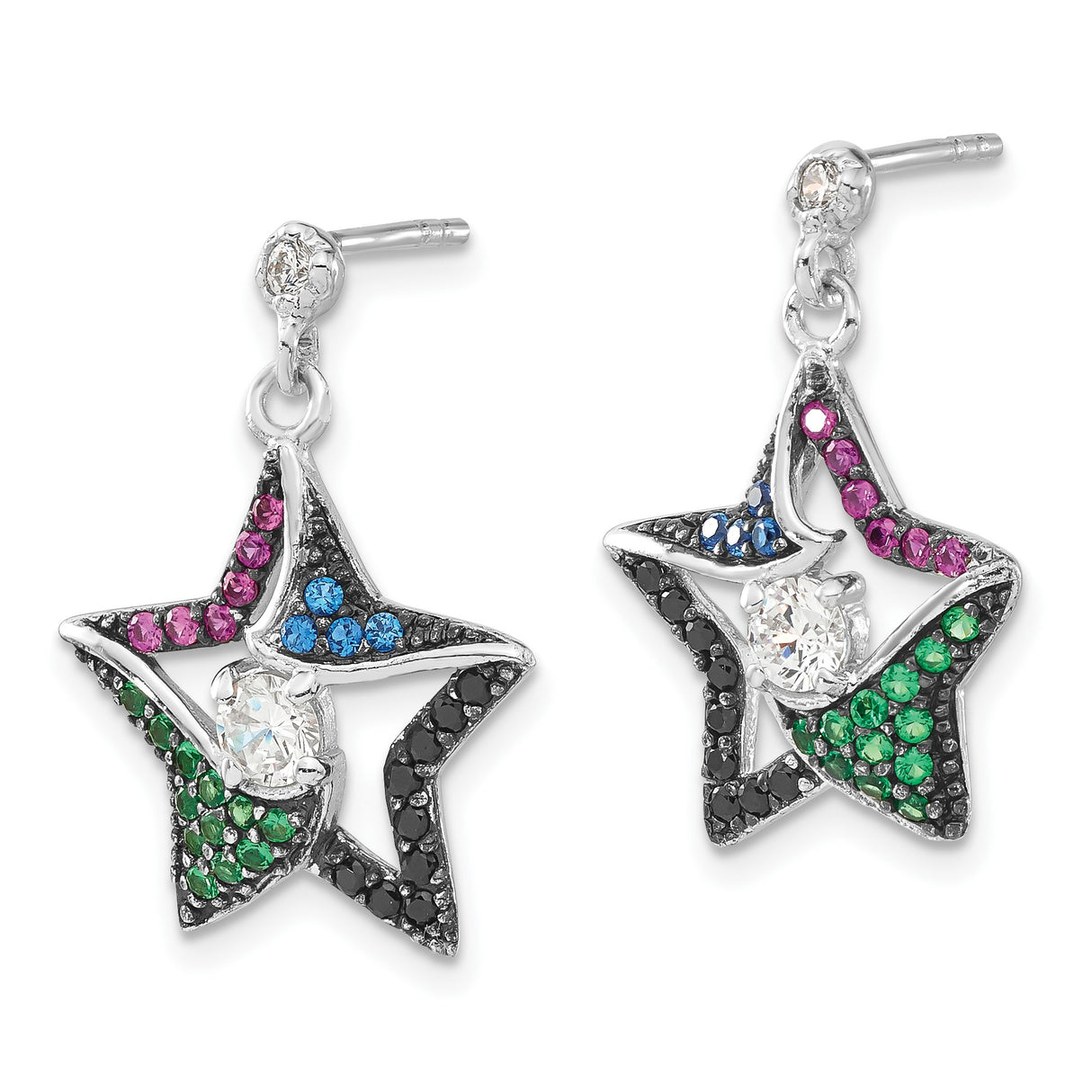 Sterling Silver Star Drop Earrings with Multicolored Cubic Zirconia for Women