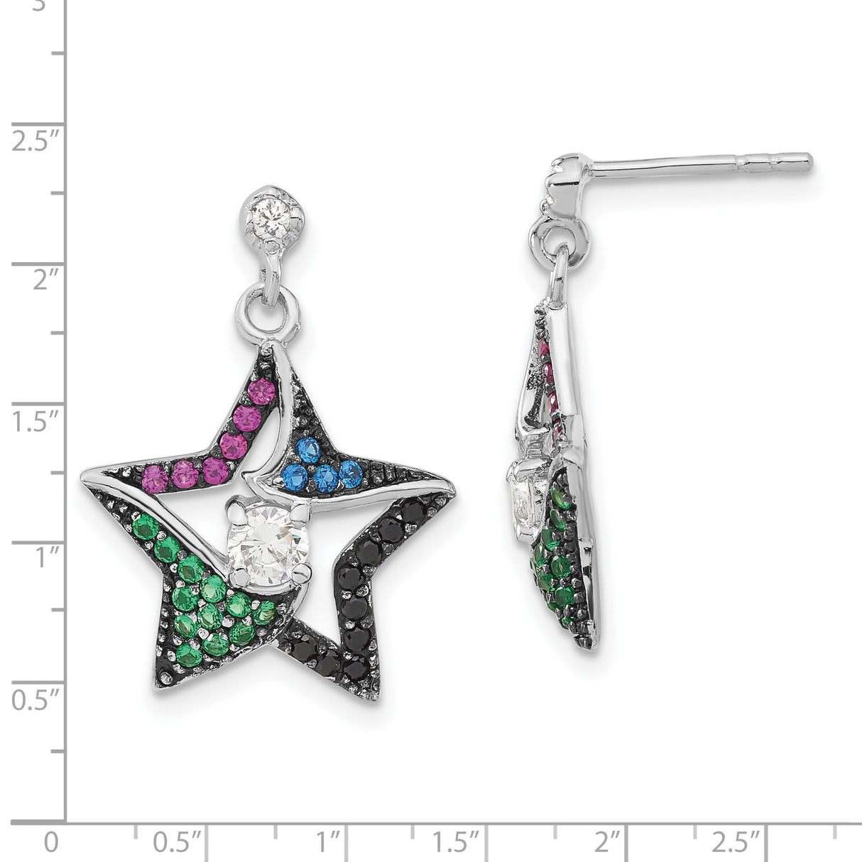 Sterling Silver Star Drop Earrings with Multicolored Cubic Zirconia for Women