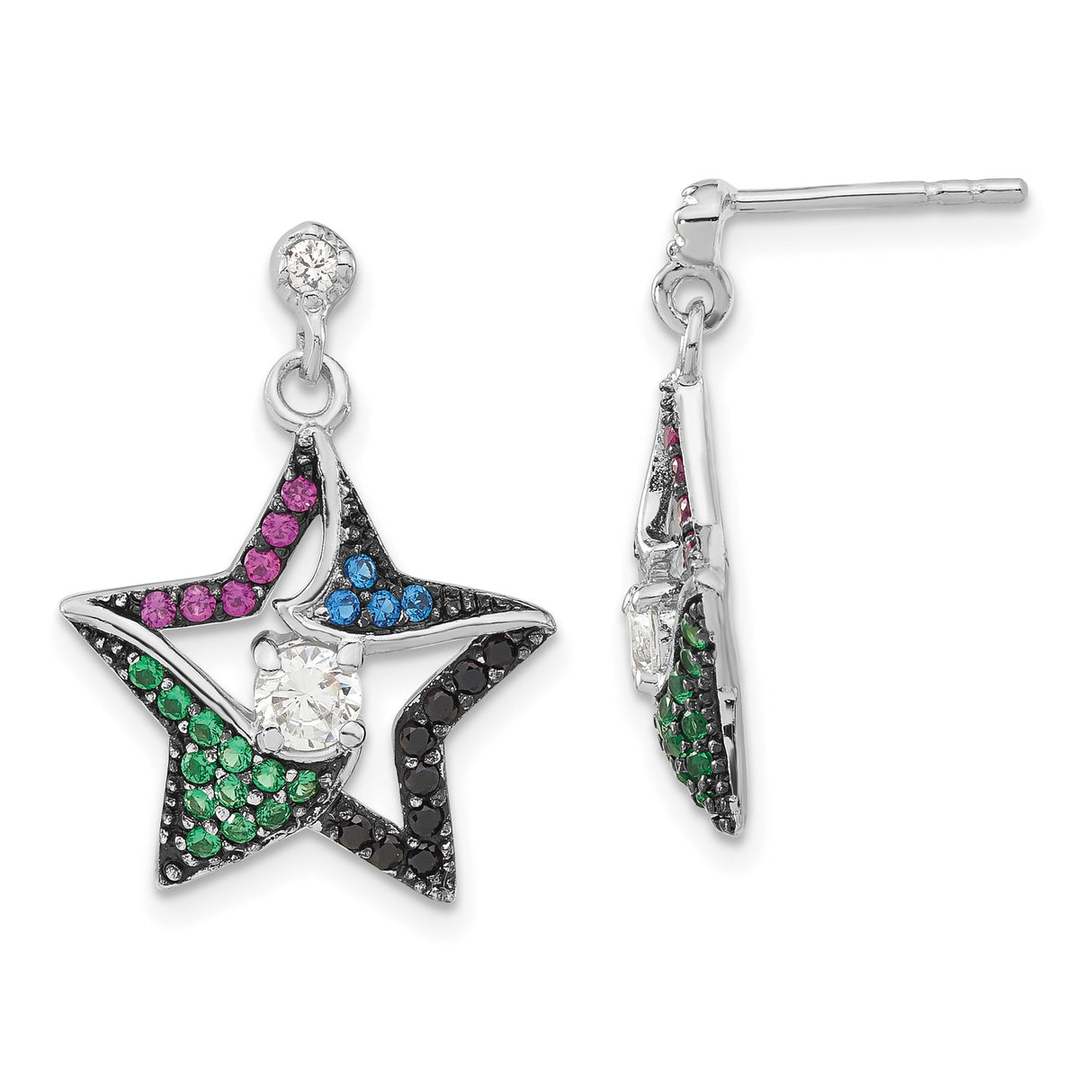 Sterling Silver Star Drop Earrings with Multicolored Cubic Zirconia for Women