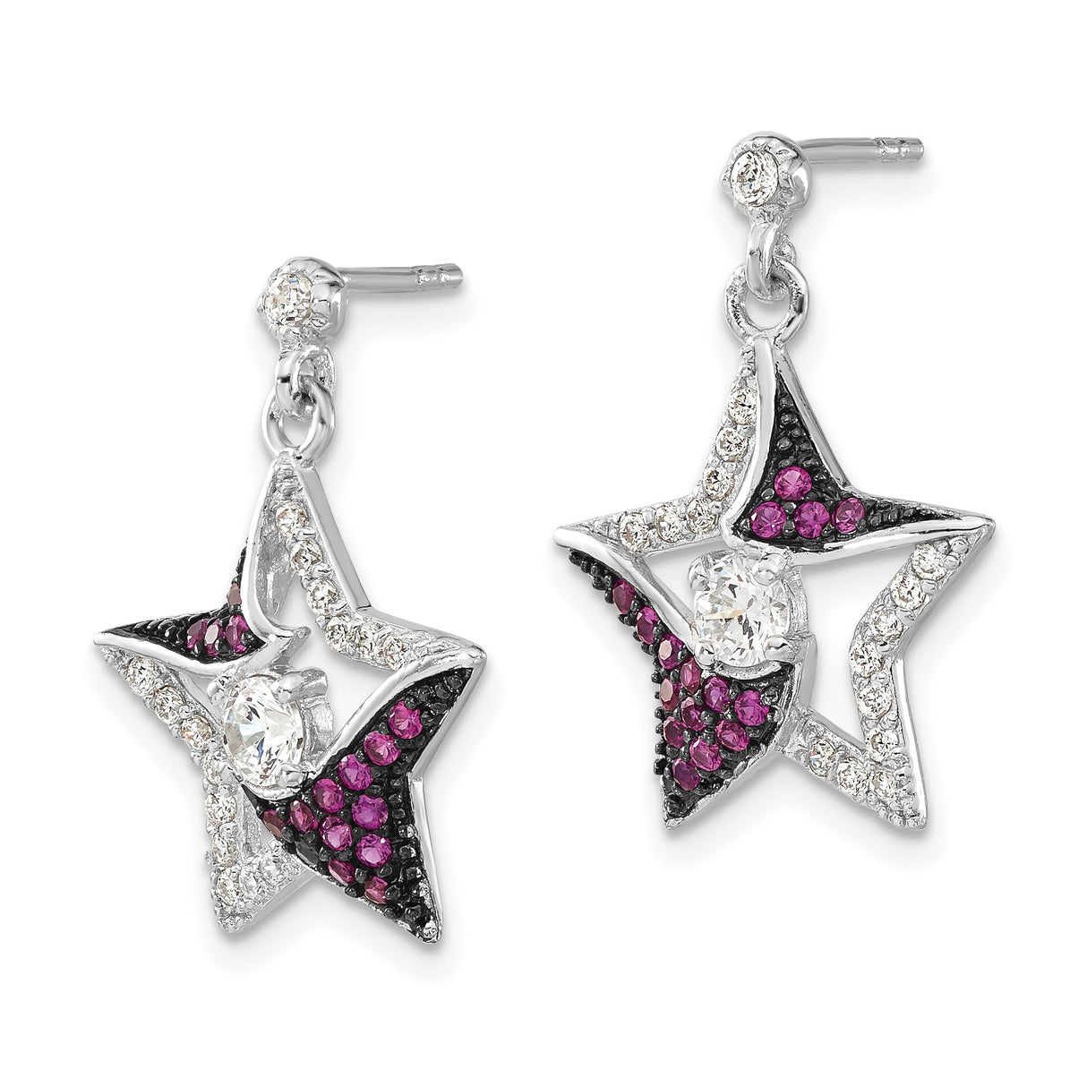 Sterling Silver Star Dangle Earrings with Cubic Zirconia and Lab Created Ruby