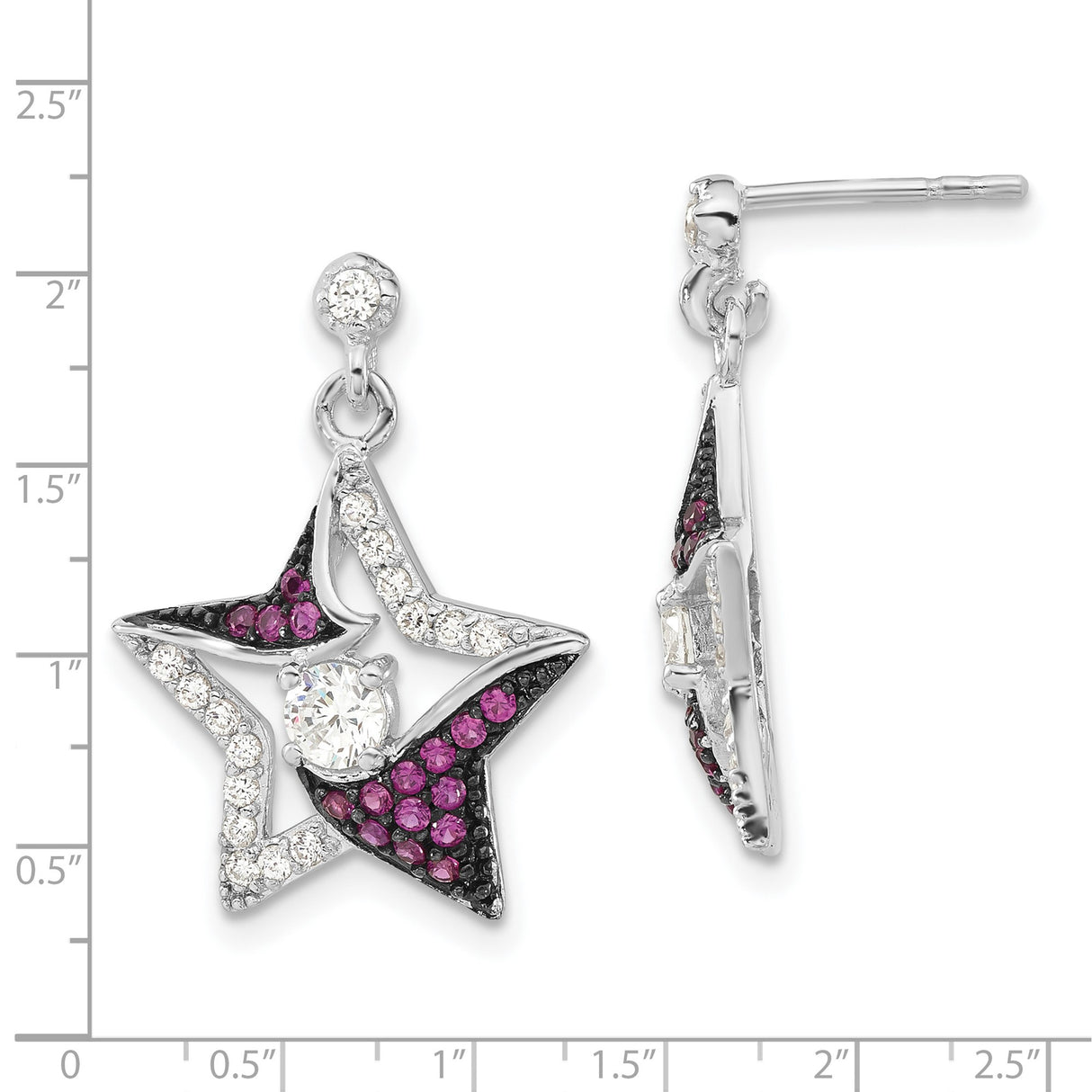Sterling Silver Star Dangle Earrings with Cubic Zirconia and Lab Created Ruby