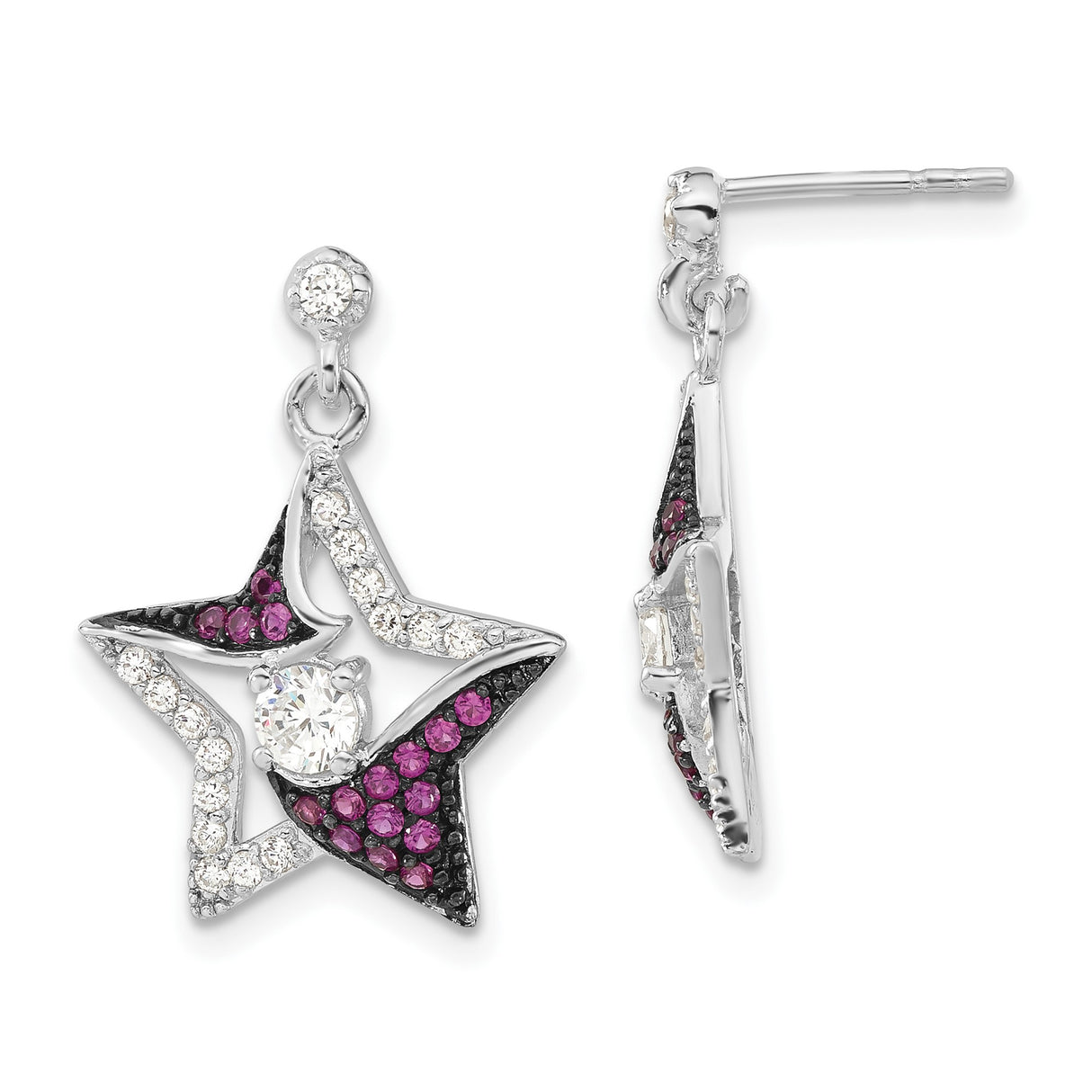 Sterling Silver Star Dangle Earrings with Cubic Zirconia and Lab Created Ruby