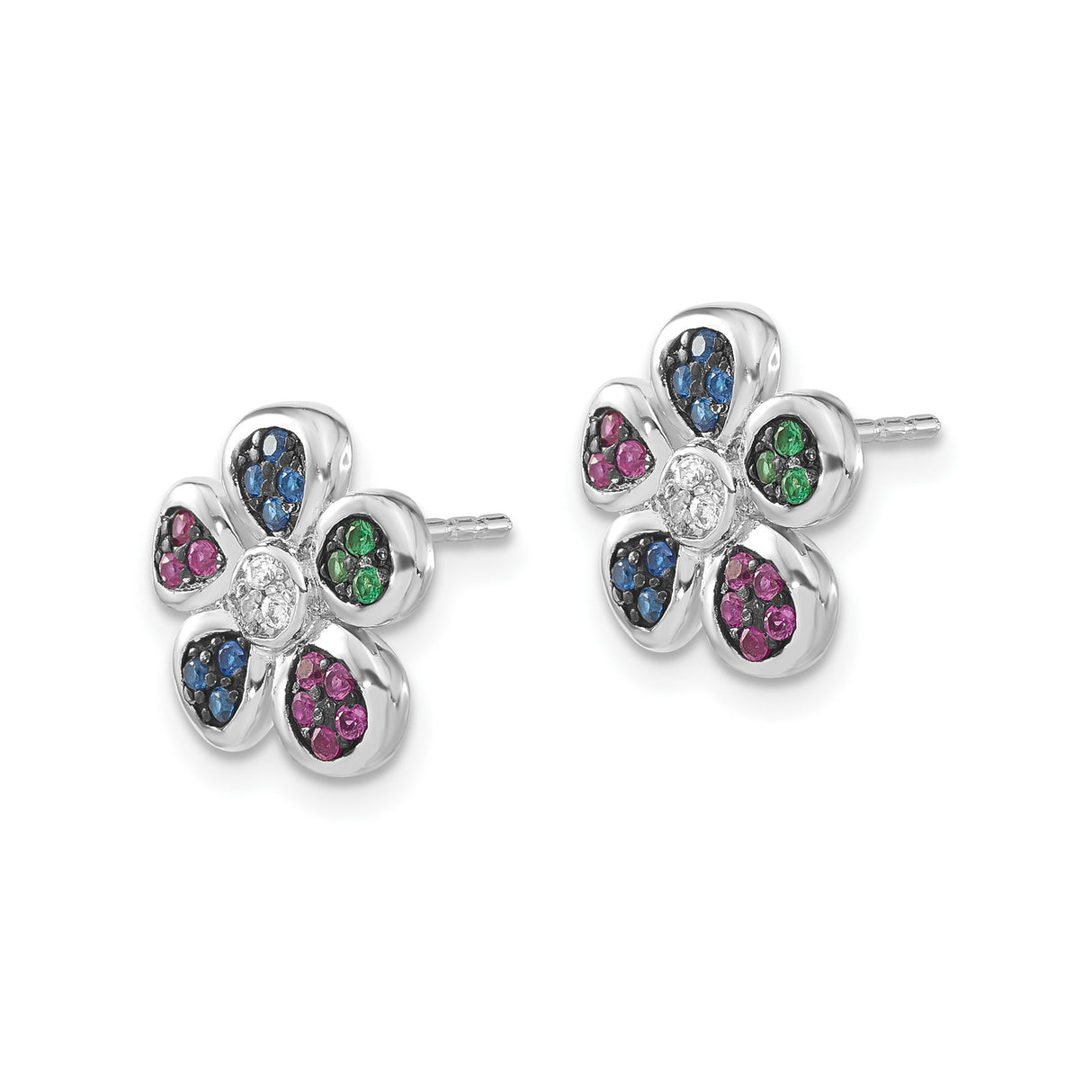 Sterling Silver Flower Stud Earrings with Cubic Zirconia and Lab Created Ruby, Five-Petal Design