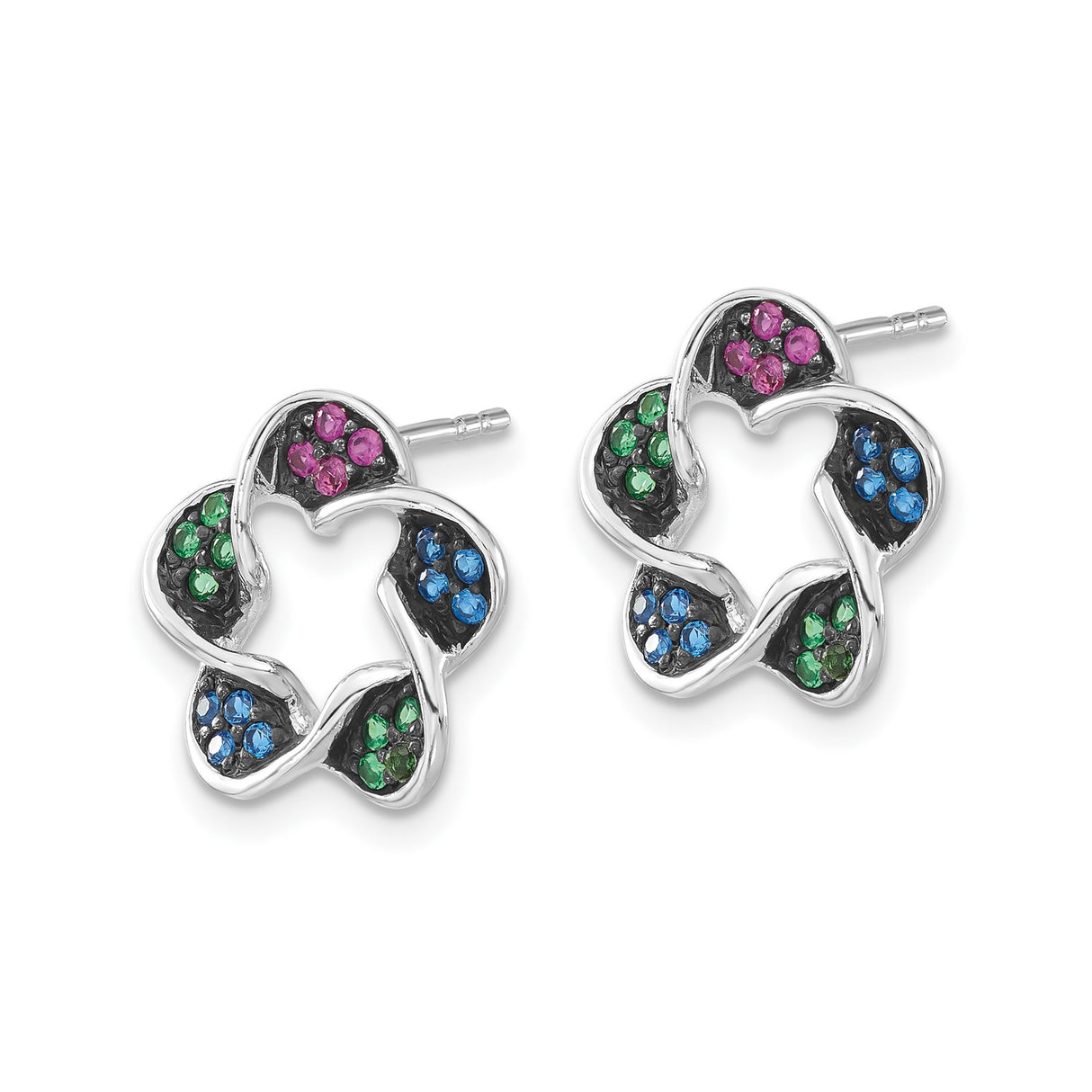 Sterling Silver Stud Earrings with Pink, Blue, and Green Crystal Flowers, Floral Design for Women