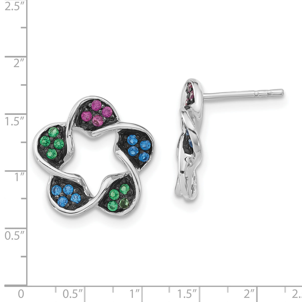 Sterling Silver Stud Earrings with Pink, Blue, and Green Crystal Flowers, Floral Design for Women