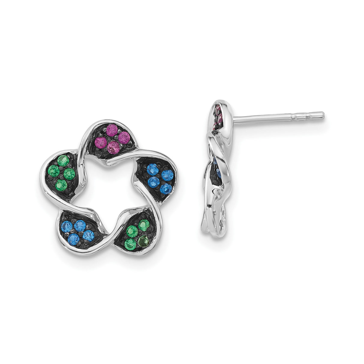Sterling Silver Stud Earrings with Pink, Blue, and Green Crystal Flowers, Floral Design for Women