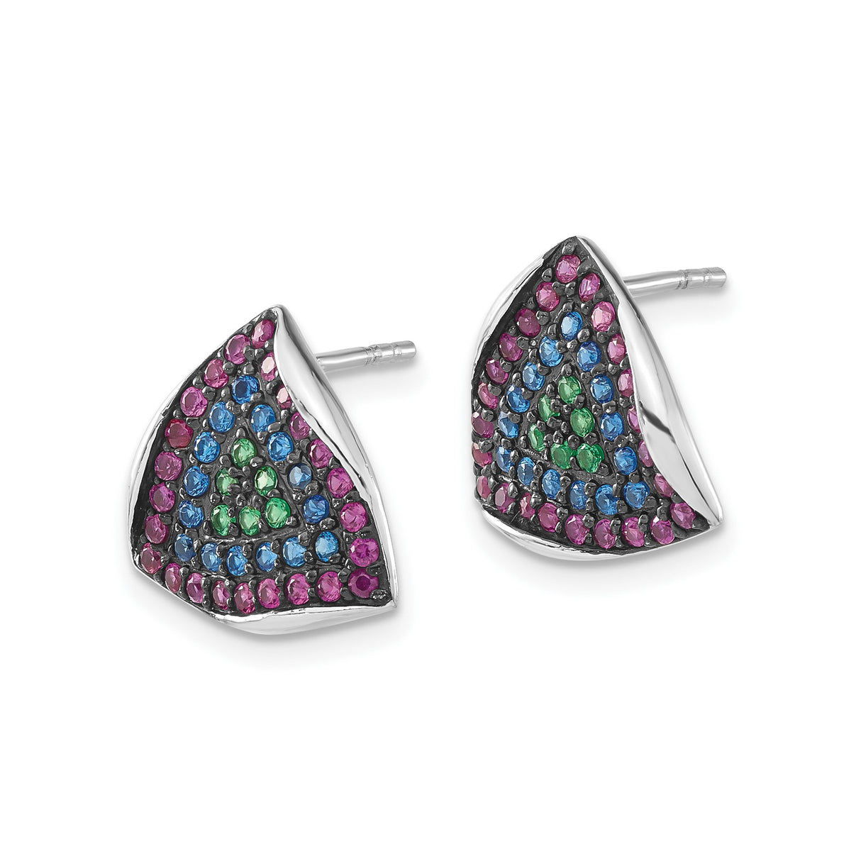 Sterling Silver Triangle Stud Earrings with Created Ruby and Synthetic Spinel, Geometric Design