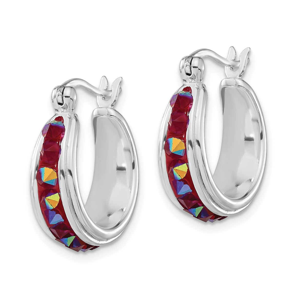 Sterling Silver Hoop Earrings with Red Cubic Zirconia and Iridescent Crystals, Geometric Design