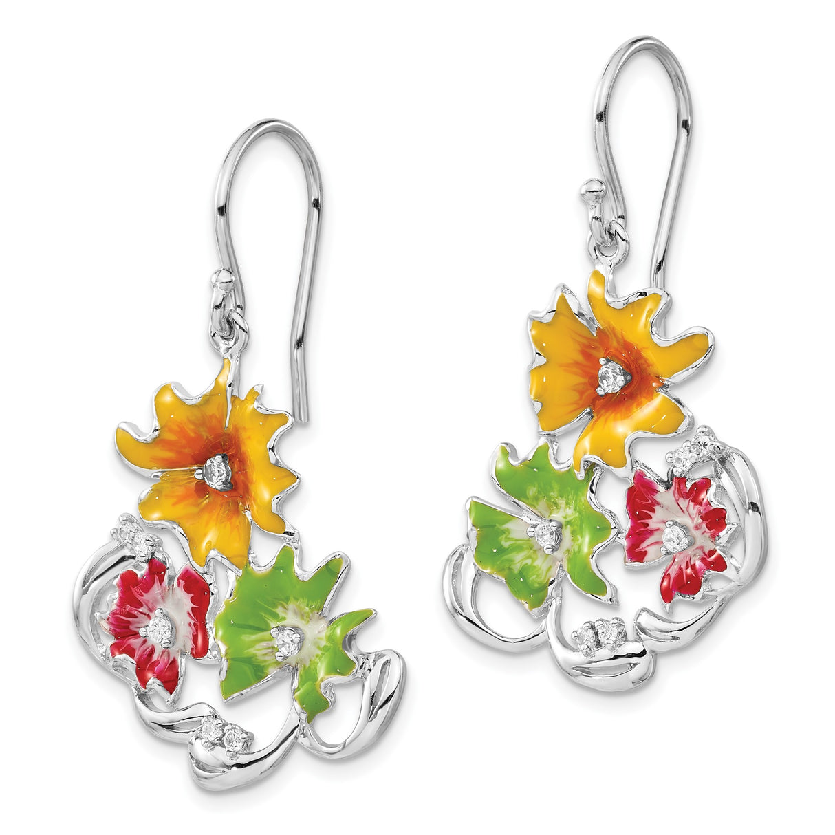 Sterling Silver Dangle Earrings with Cubic Zirconia and Enamel Floral Design