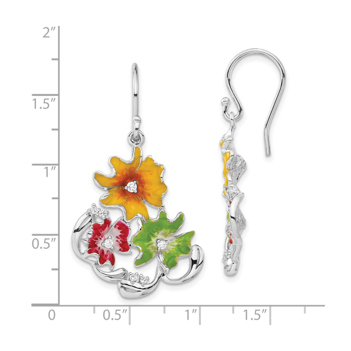 Sterling Silver Dangle Earrings with Cubic Zirconia and Enamel Floral Design