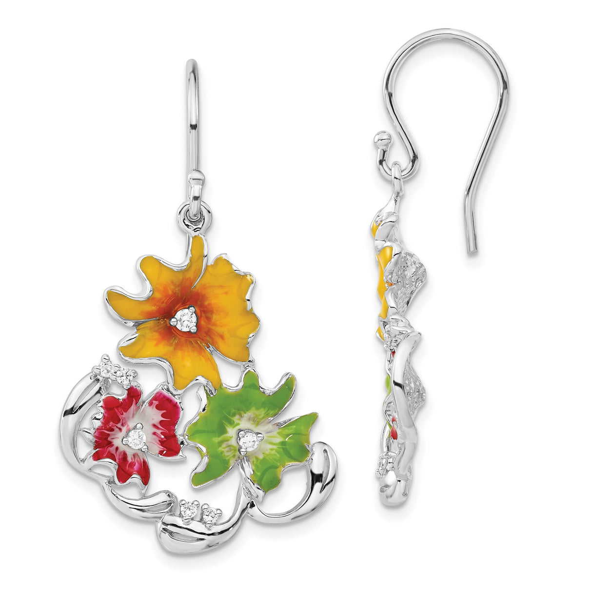 Sterling Silver Dangle Earrings with Cubic Zirconia and Enamel Floral Design
