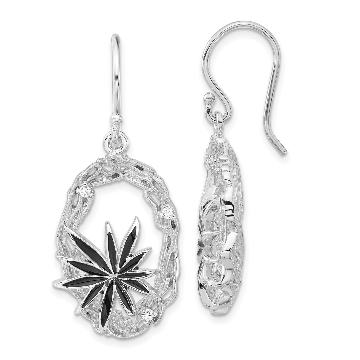 Sterling Silver Dangle Earrings with Cubic Zirconia, Black Enamel Star, Celestial Christian Theme