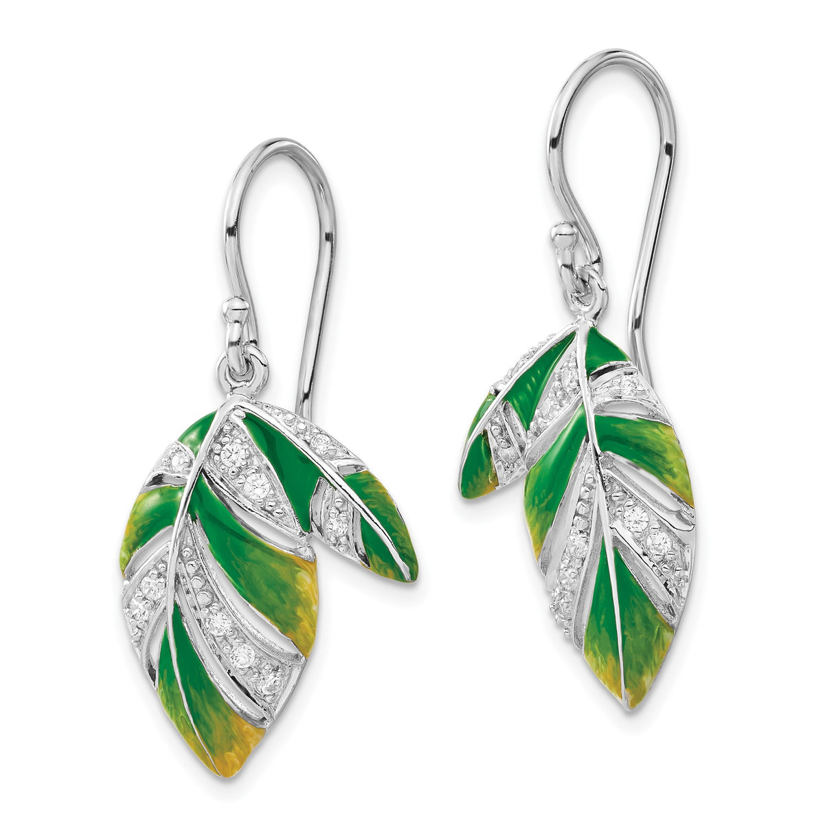 Sterling Silver Leaf Dangle Earrings with Cubic Zirconia, Green and Yellow Enamel, Botanical Style