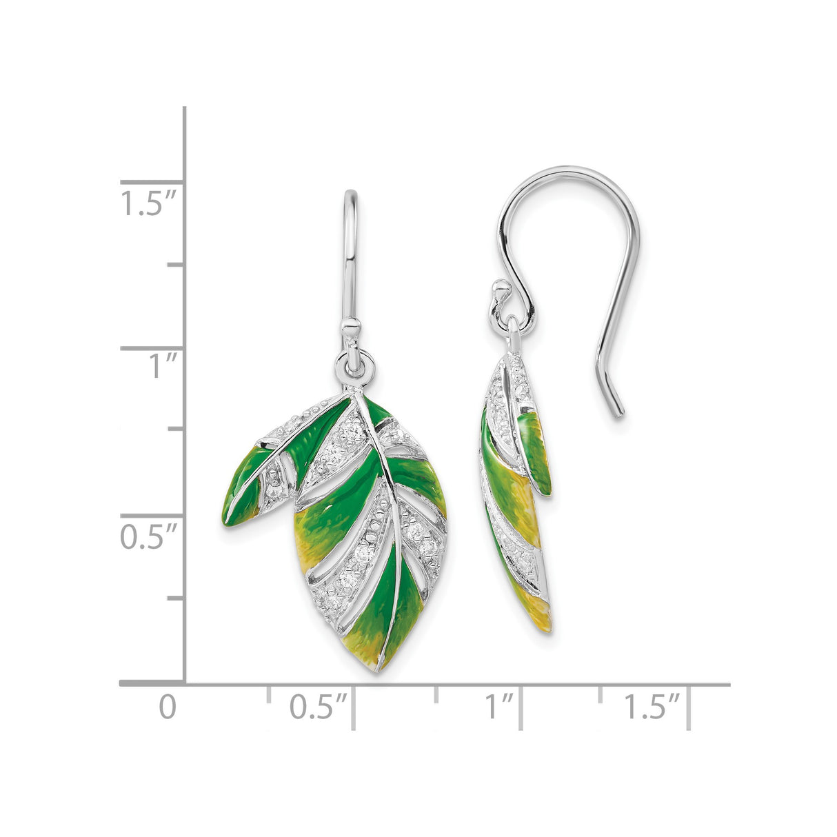 Sterling Silver Leaf Dangle Earrings with Cubic Zirconia, Green and Yellow Enamel, Botanical Style