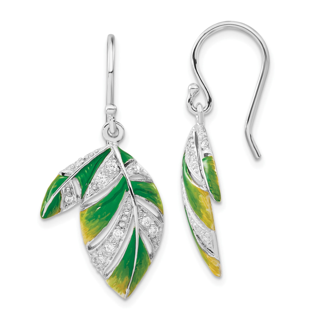 Sterling Silver Leaf Dangle Earrings with Cubic Zirconia, Green and Yellow Enamel, Botanical Style