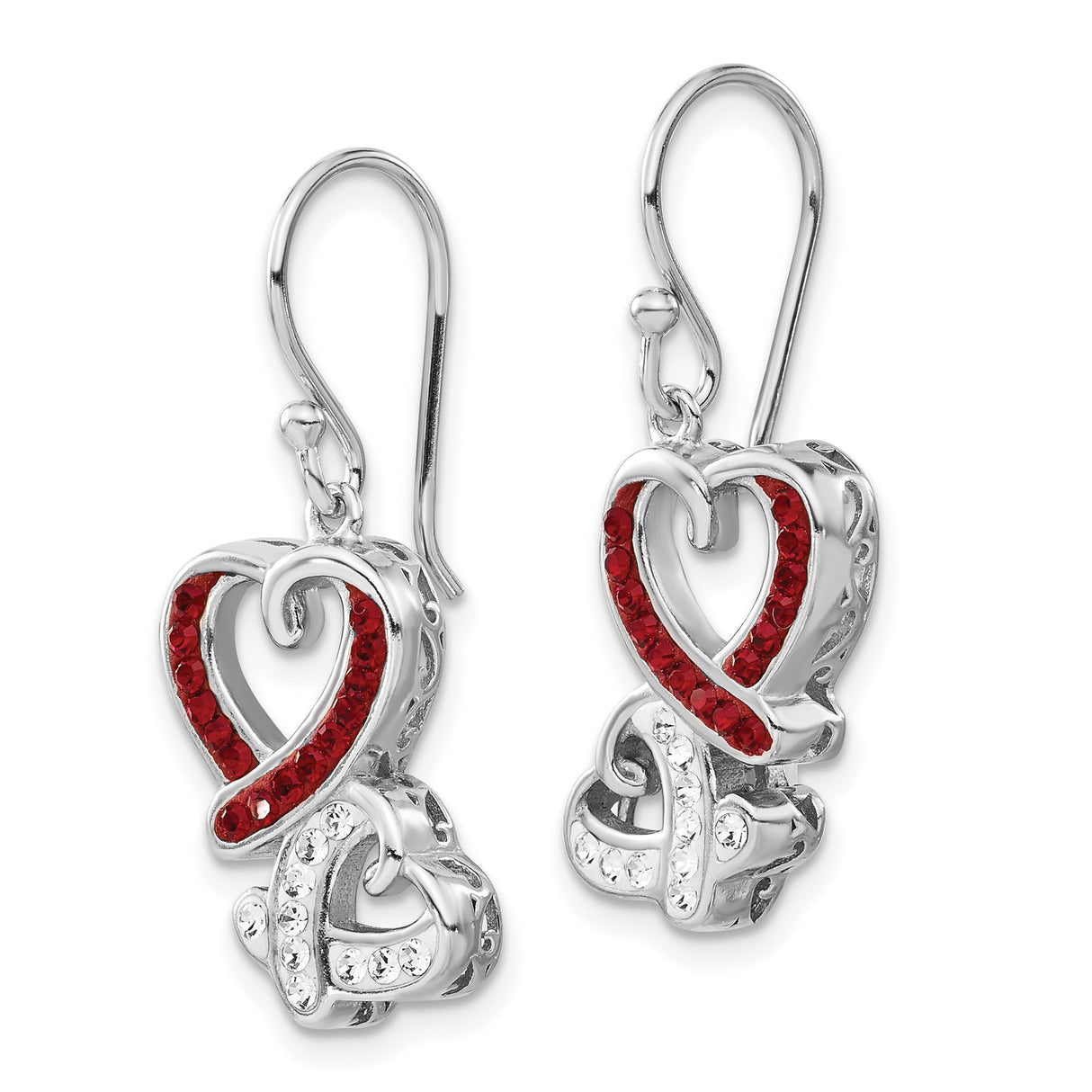 Sterling Silver Dangle Earrings with Red and Clear Crystals, Intertwined Heart Design