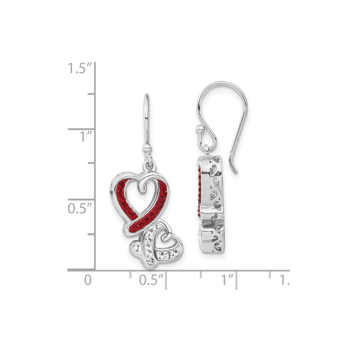 Sterling Silver Dangle Earrings with Red and Clear Crystals, Intertwined Heart Design