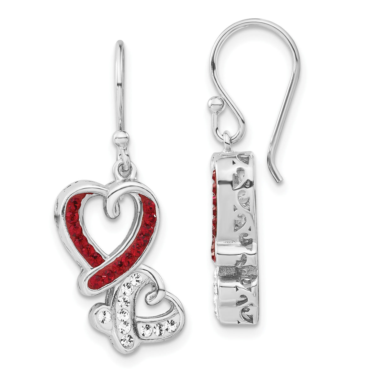 Sterling Silver Dangle Earrings with Red and Clear Crystals, Intertwined Heart Design