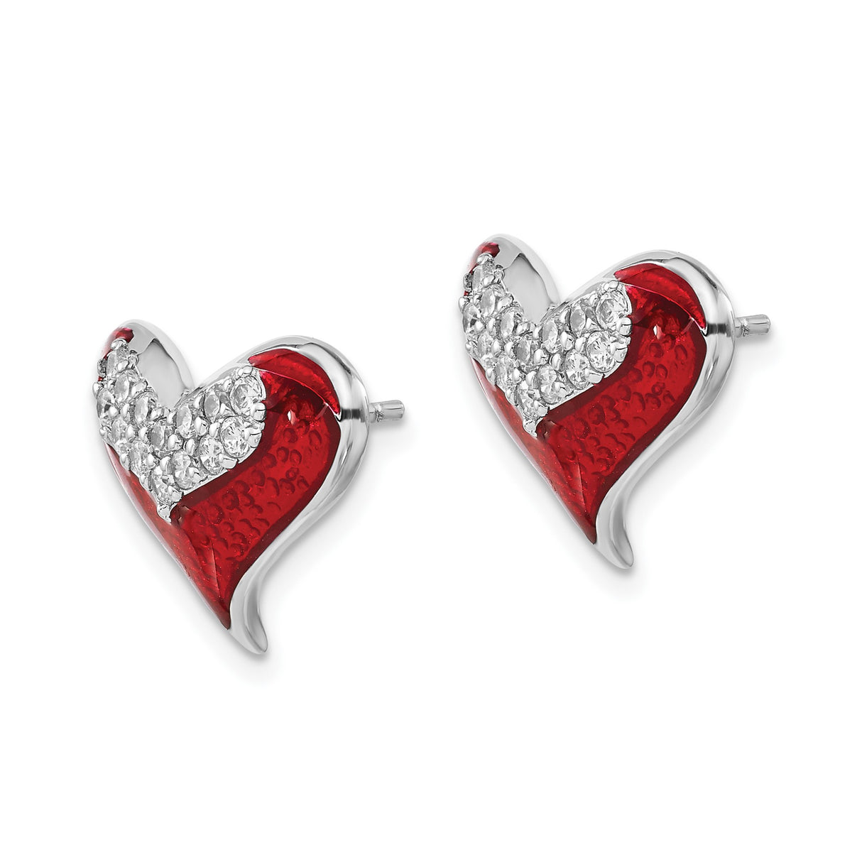 Sterling Silver Heart Stud Earrings with Red Enamel and Cubic Zirconia Accents