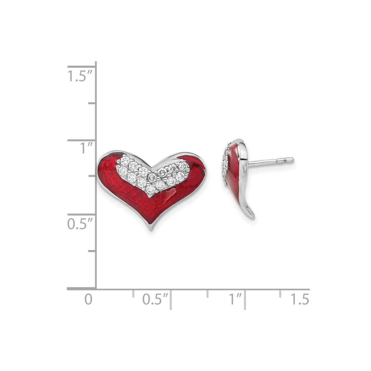 Sterling Silver Heart Stud Earrings with Red Enamel and Cubic Zirconia Accents
