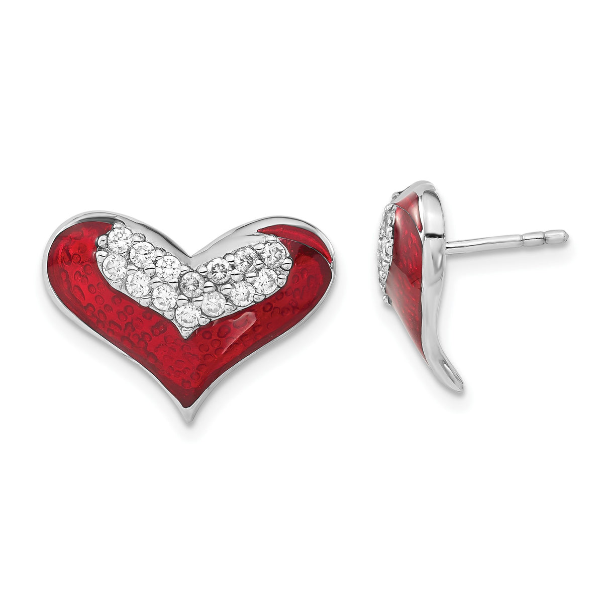 Sterling Silver Heart Stud Earrings with Red Enamel and Cubic Zirconia Accents