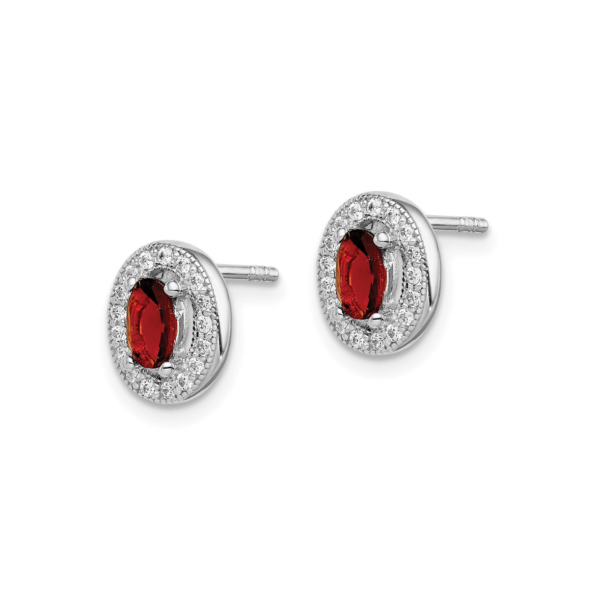 Sterling Silver Oval Stud Earrings with Deep Purple Cubic Zirconia and Halo Setting