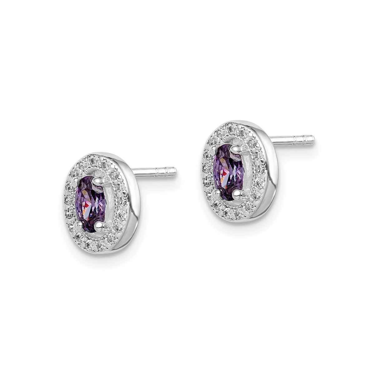 Sterling Silver Stud Earrings with Oval Amethyst and Halo of Cubic Zirconia