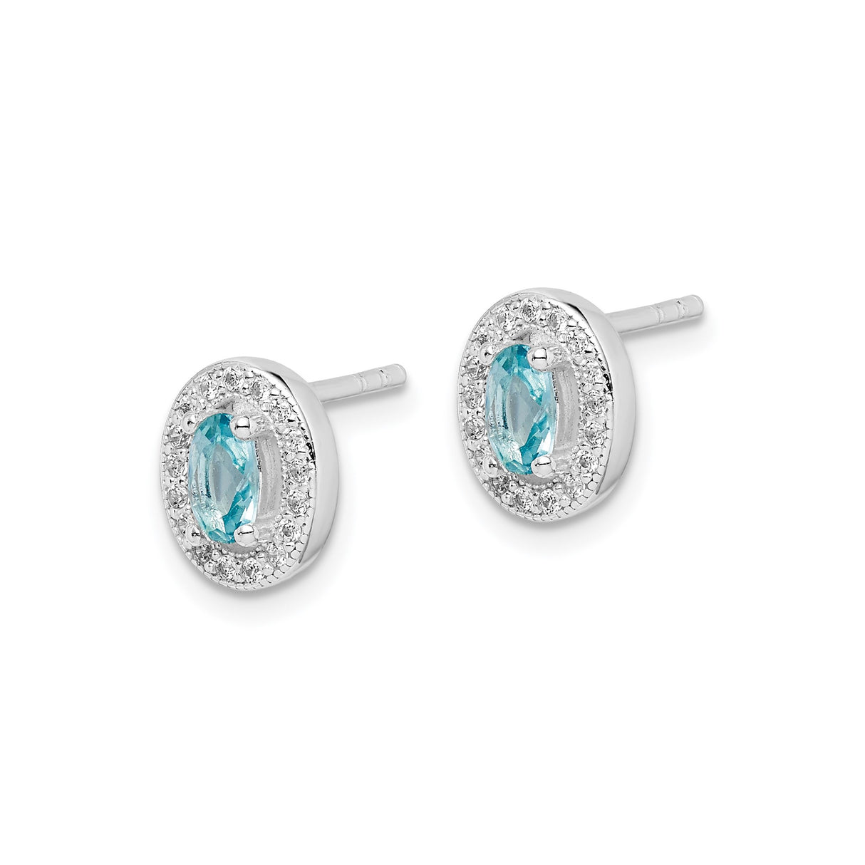 Sterling Silver Oval Stud Earrings with Blue Gemstone and Halo Cubic Zirconia