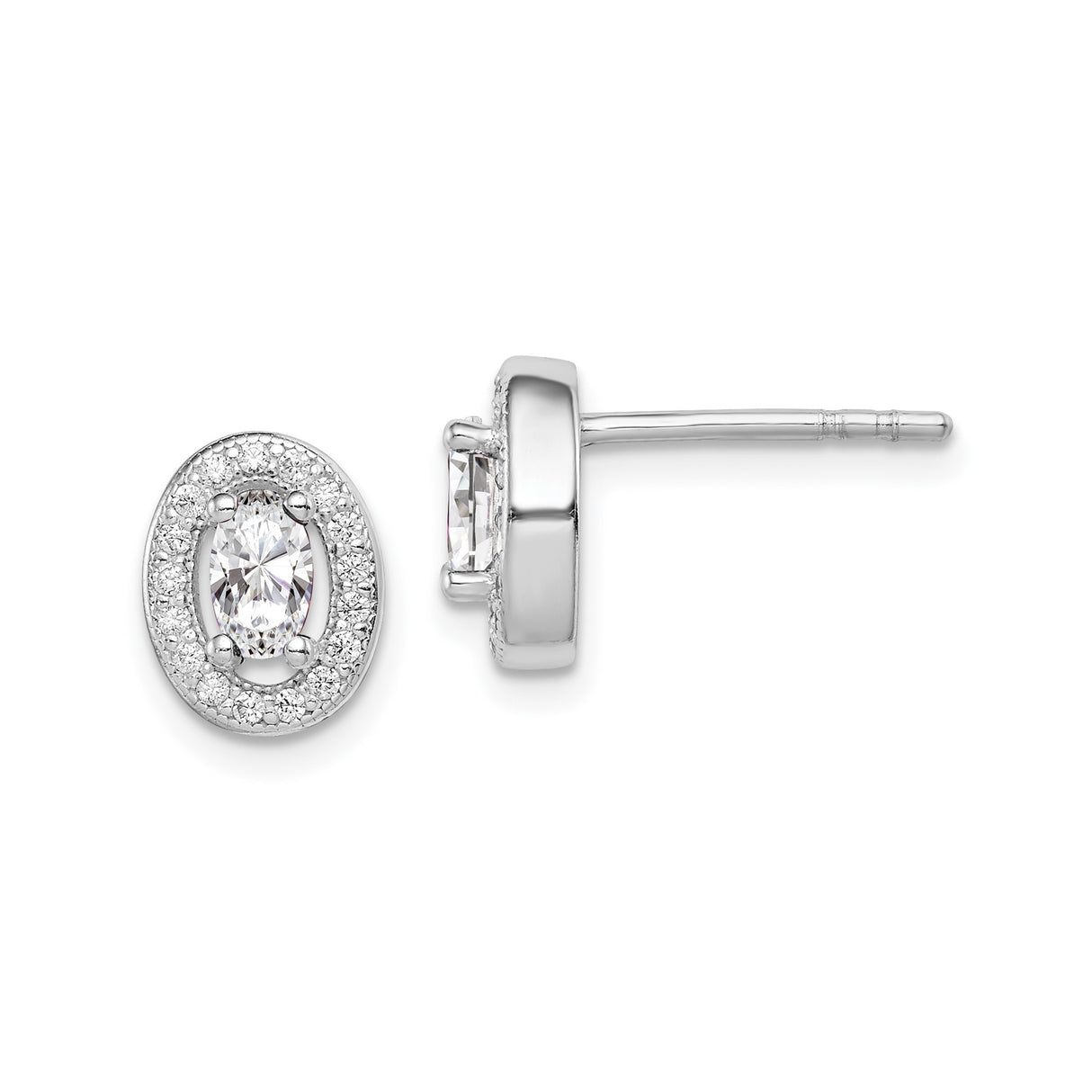 Sterling Silver Oval Stud Earrings with Clear Cubic Zirconia and Halo Setting for Women