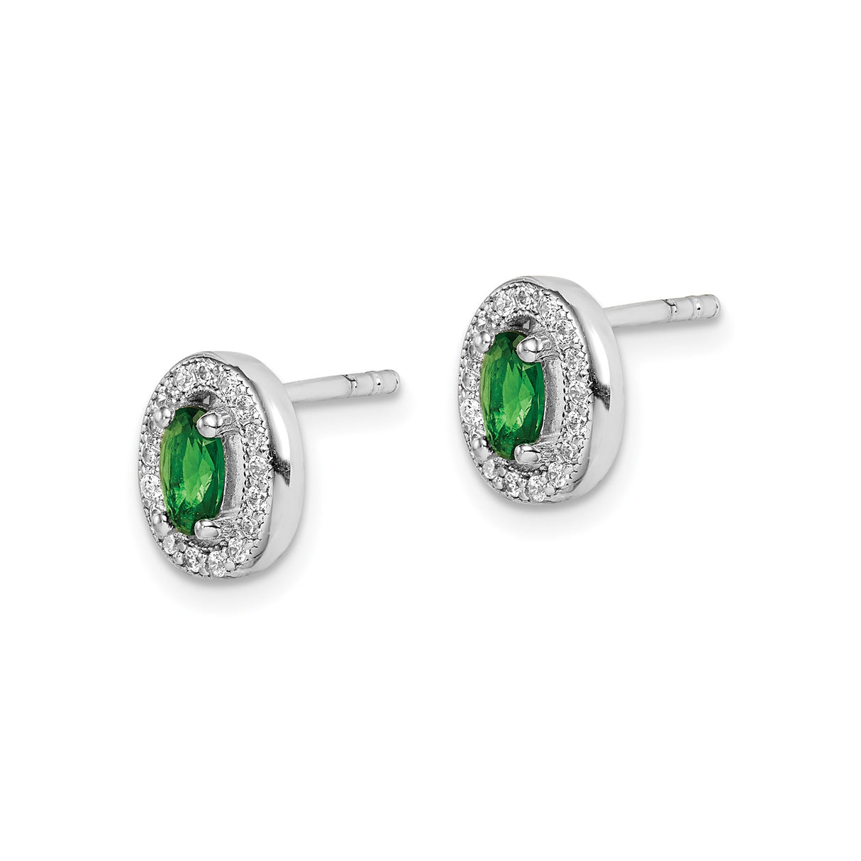 Sterling Silver Oval Stud Earrings with Green Cubic Zirconia and White Halo Accent Stones