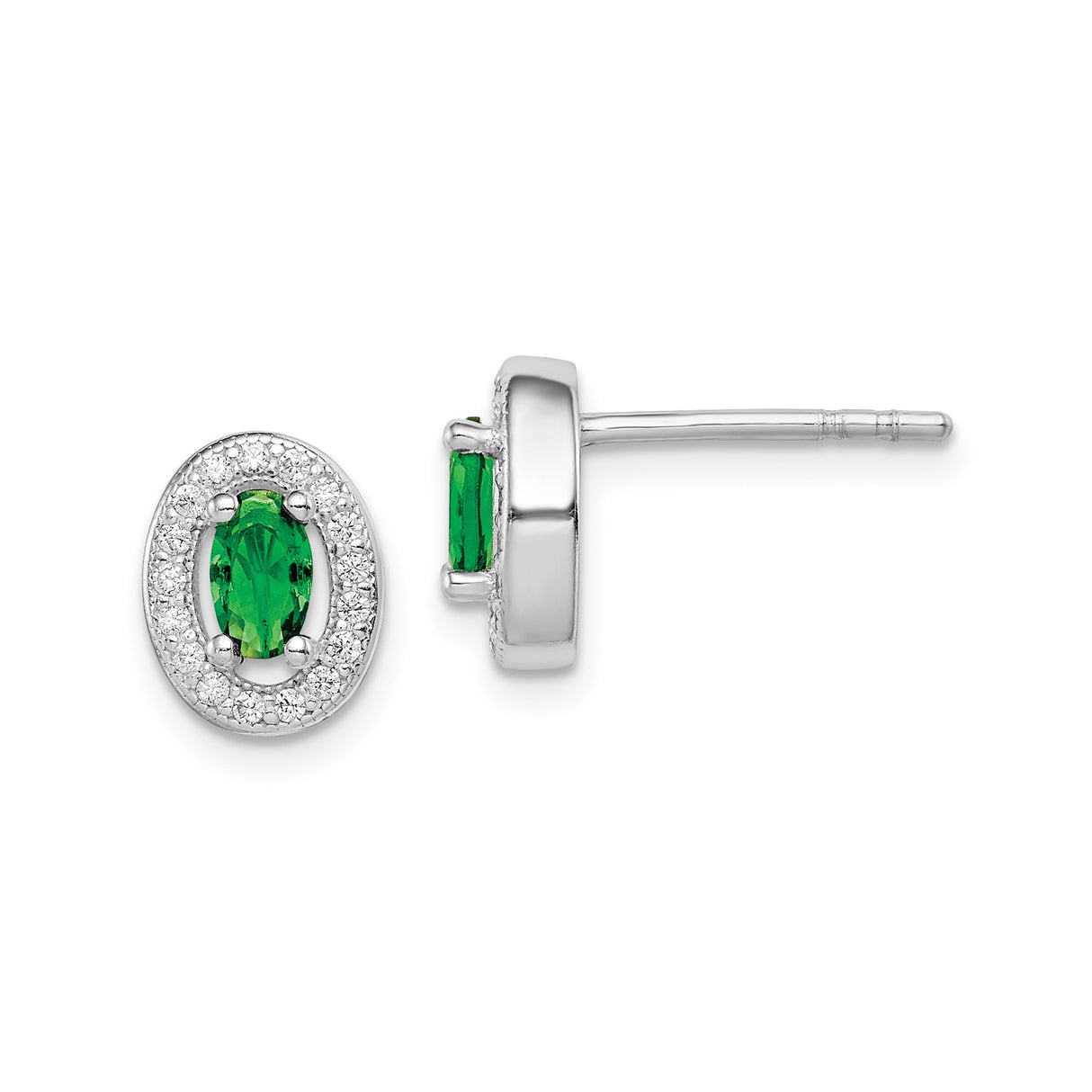 Sterling Silver Oval Stud Earrings with Green Cubic Zirconia and White Halo Accent Stones