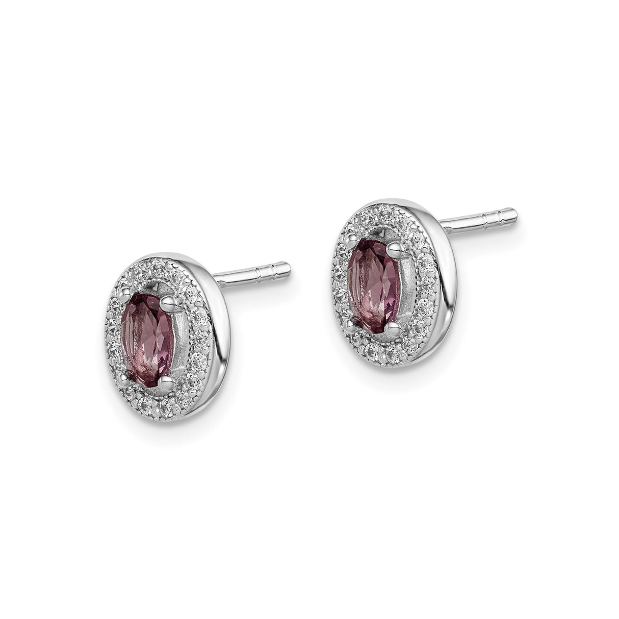 Sterling Silver Oval Stud Earrings with Faceted Purple Gemstone and Cubic Zirconia Halo