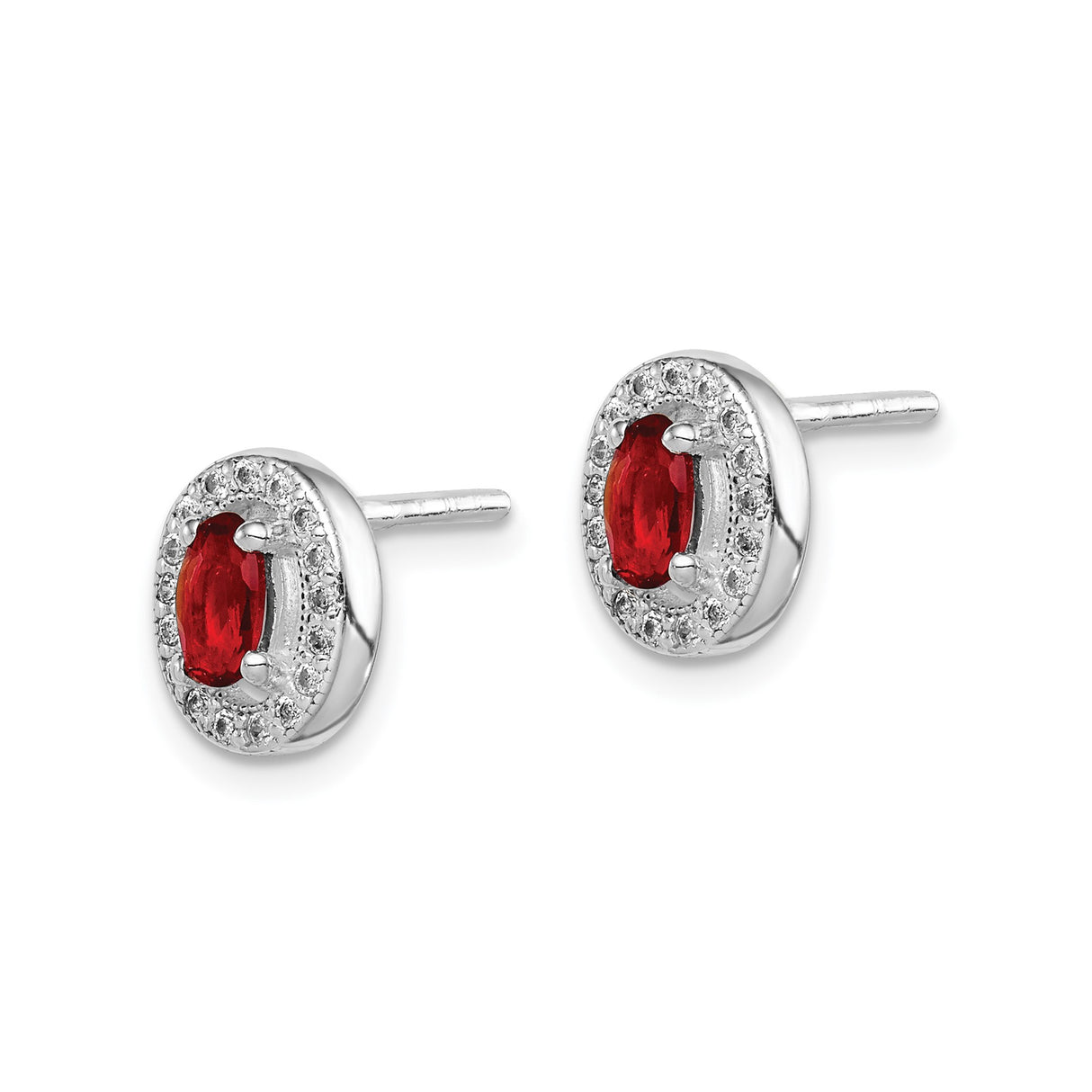 Sterling Silver Oval Stud Earrings with Red Cubic Zirconia and Halo Setting for Women