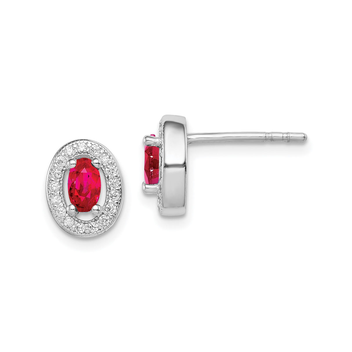 Sterling Silver Oval Stud Earrings with Red Cubic Zirconia and Halo Setting for Women