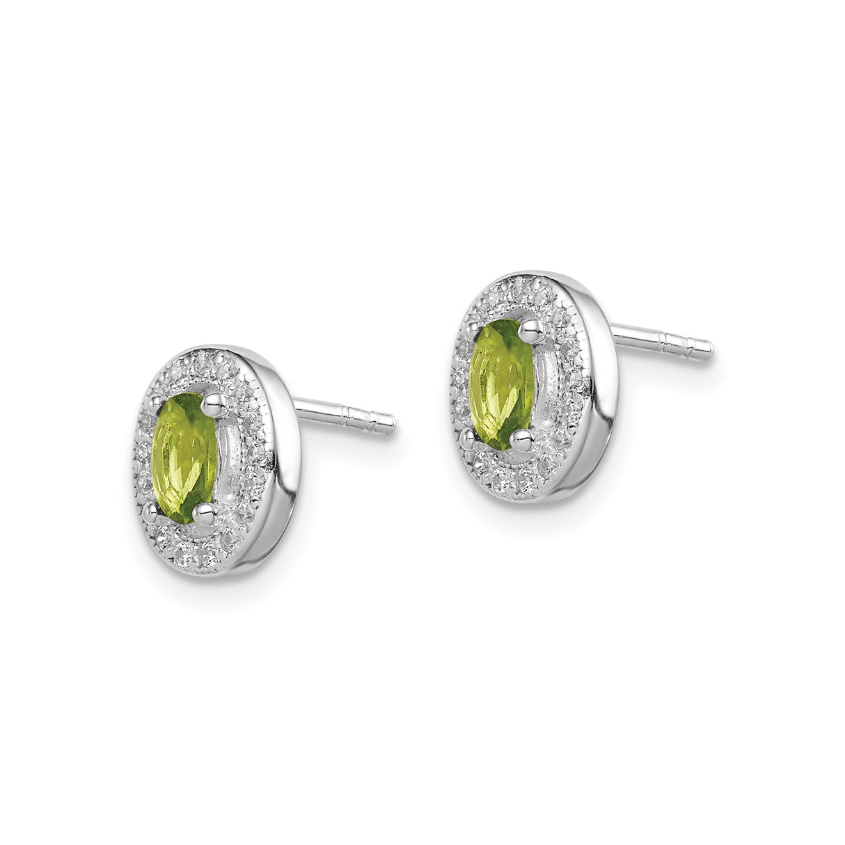 Sterling Silver Peridot Stud Earrings with Oval Gemstone and Cubic Zirconia Halo