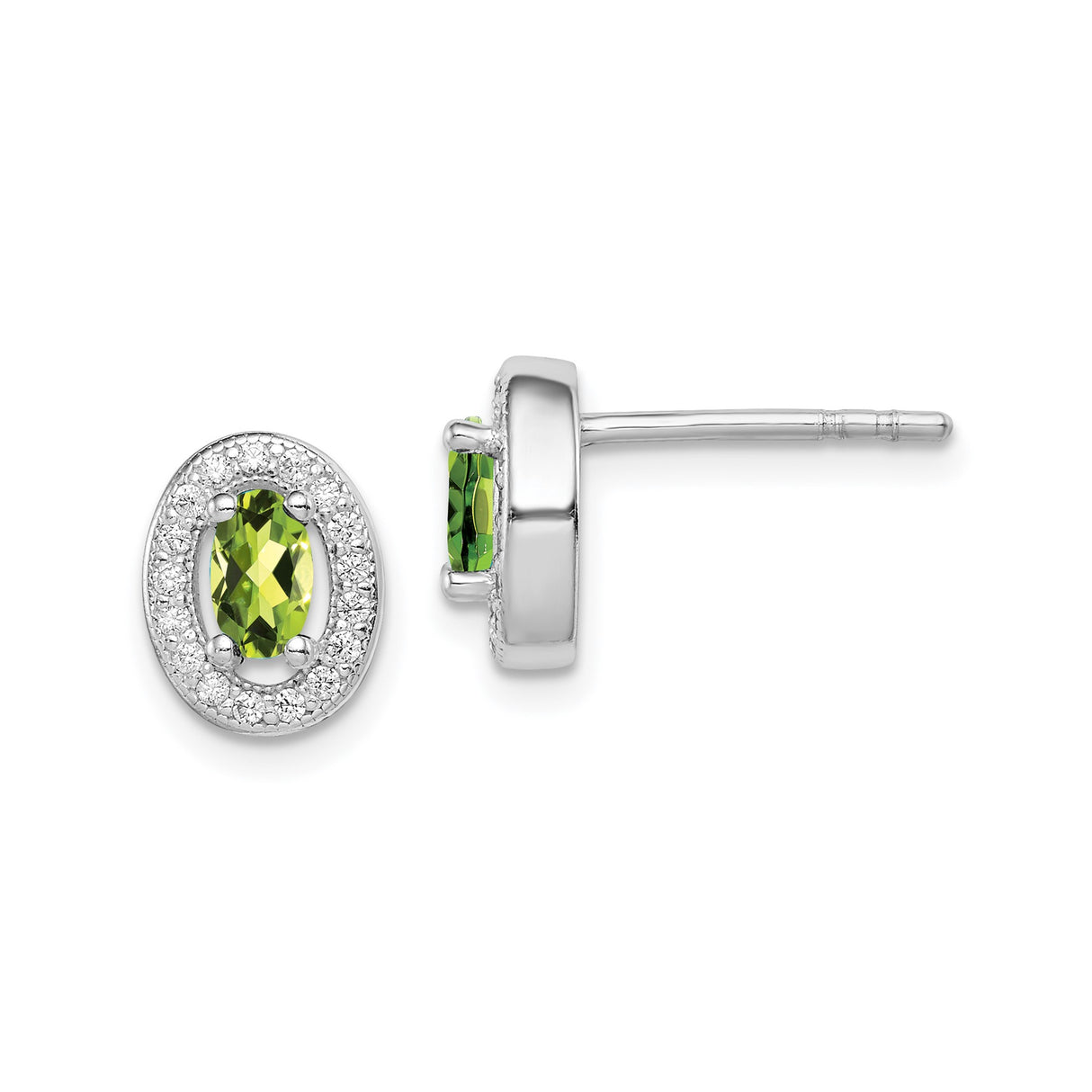 Sterling Silver Peridot Stud Earrings with Oval Gemstone and Cubic Zirconia Halo
