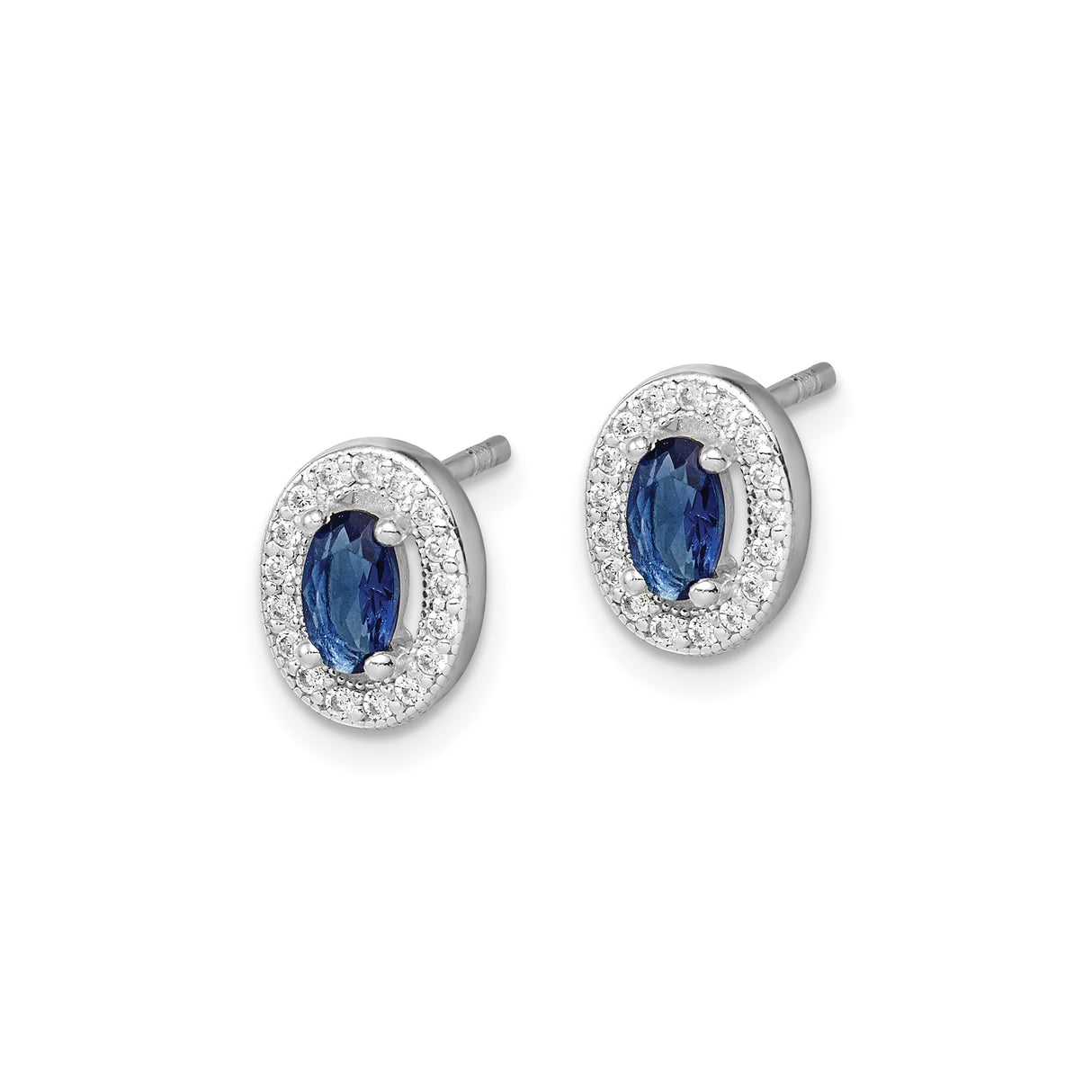 Sterling Silver Oval Stud Earrings with Deep Blue Sapphire Look and Cubic Zirconia Halo