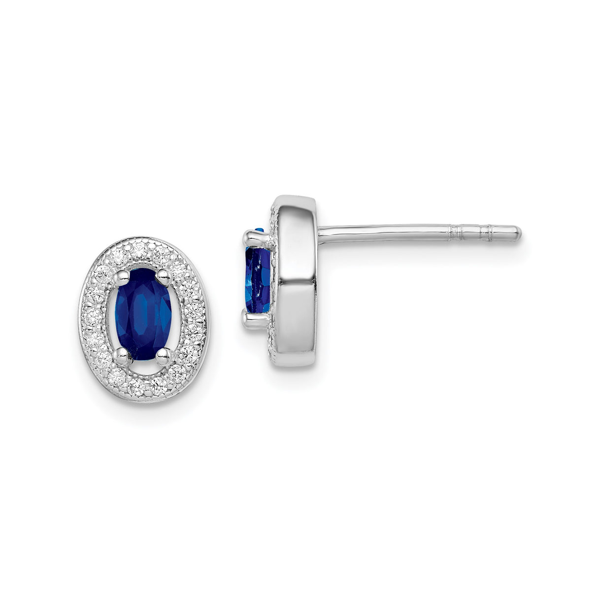Sterling Silver Oval Stud Earrings with Deep Blue Sapphire Look and Cubic Zirconia Halo