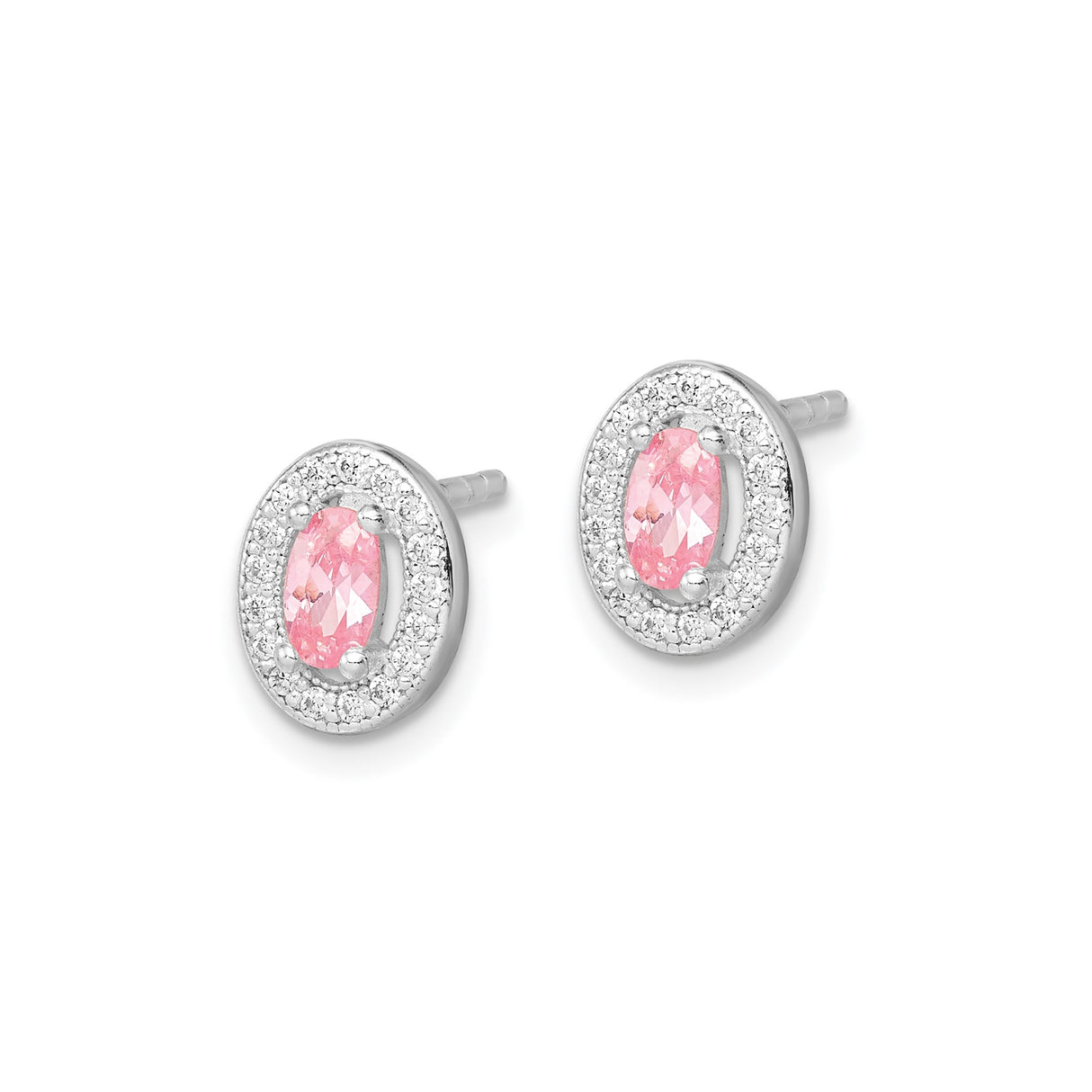 Sterling Silver Stud Earrings with Oval Pink Gemstone and Cubic Zirconia Halo