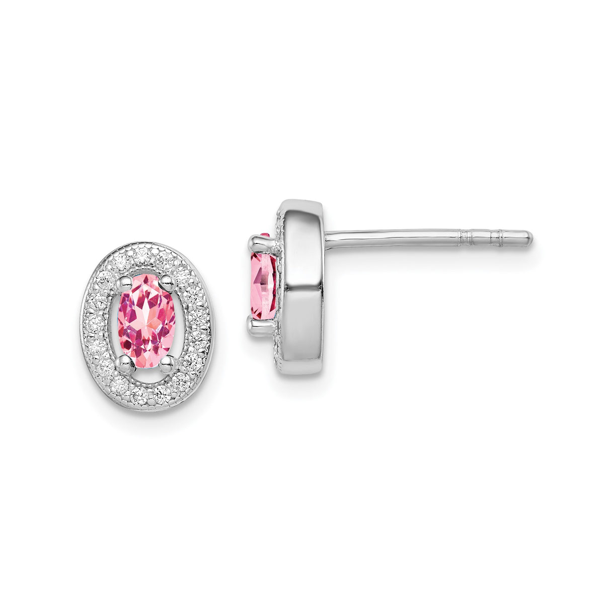 Sterling Silver Stud Earrings with Oval Pink Gemstone and Cubic Zirconia Halo