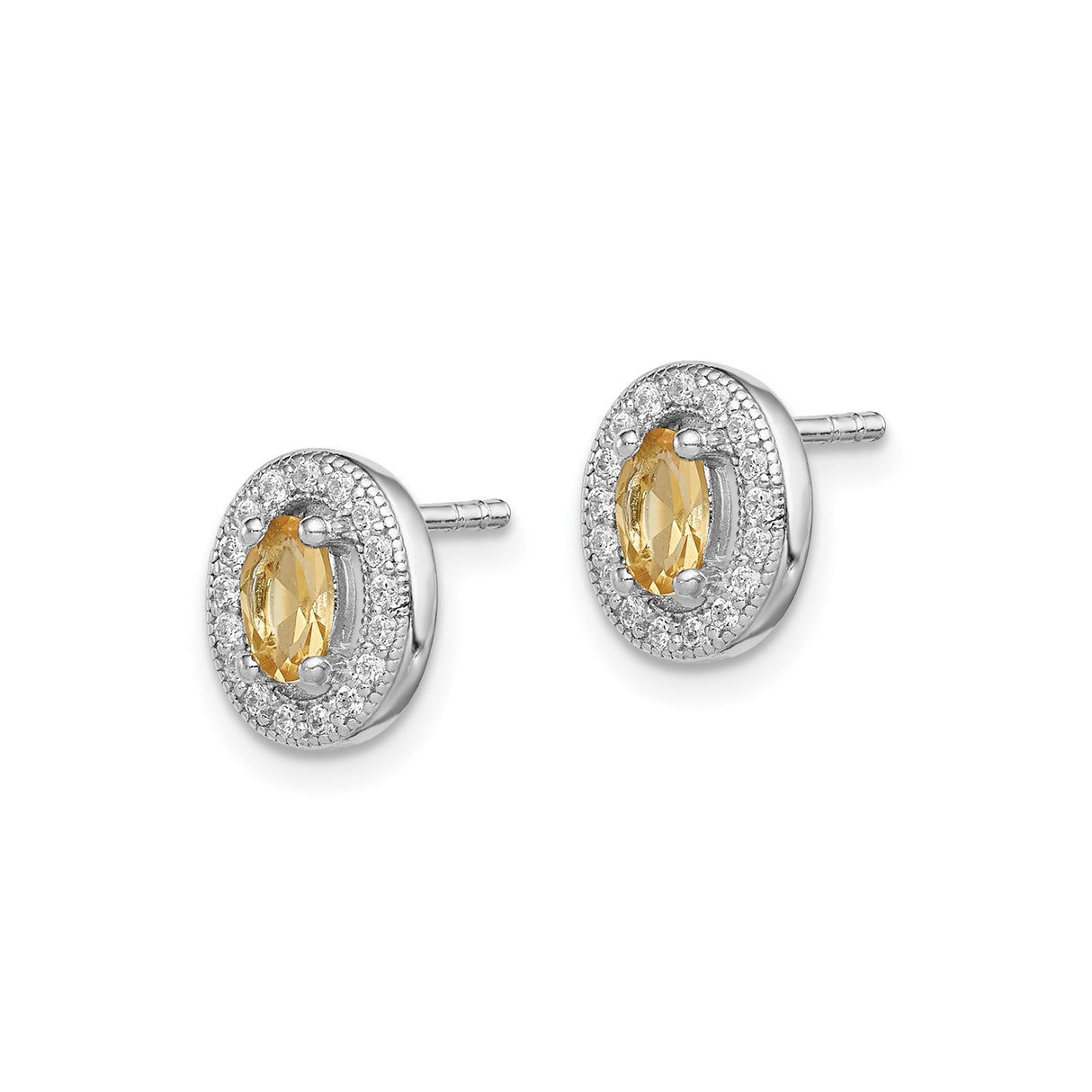 Sterling Silver Stud Earrings with Oval Citrine and Cubic Zirconia Halo Setting
