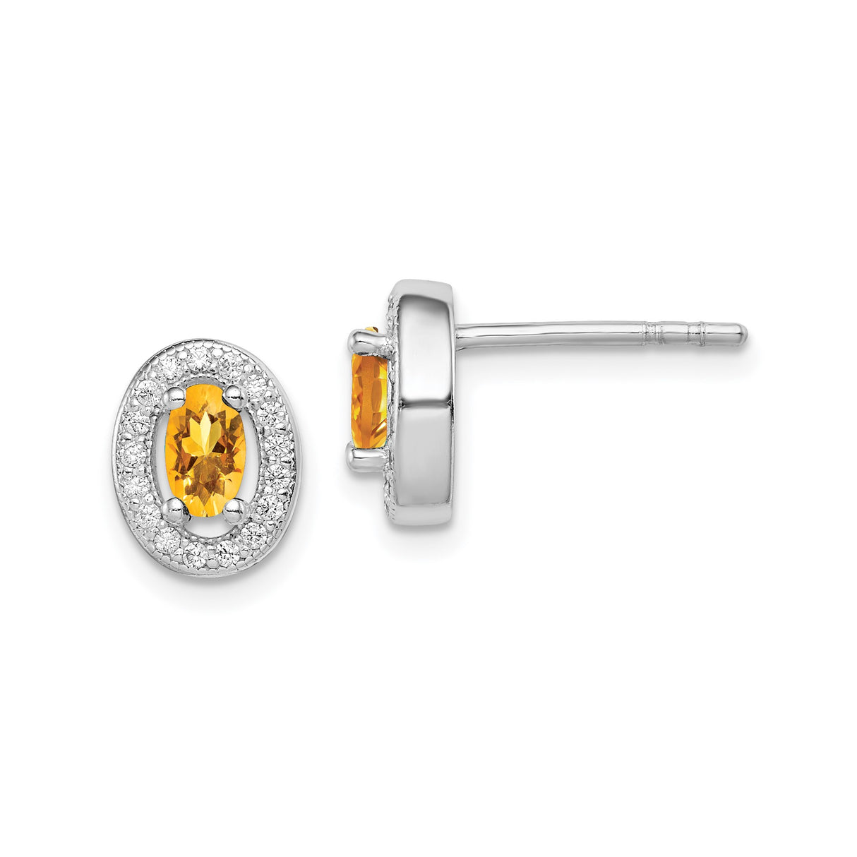 Sterling Silver Stud Earrings with Oval Citrine and Cubic Zirconia Halo Setting