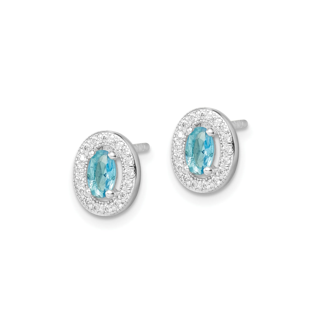 Sterling Silver Stud Earrings with Oval Blue Topaz and Halo Cubic Zirconia