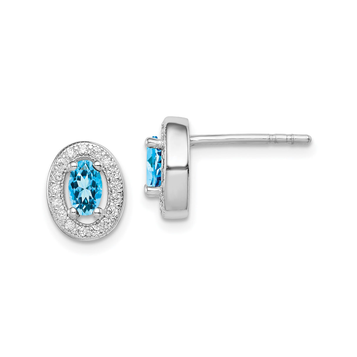 Sterling Silver Stud Earrings with Oval Blue Topaz and Halo Cubic Zirconia