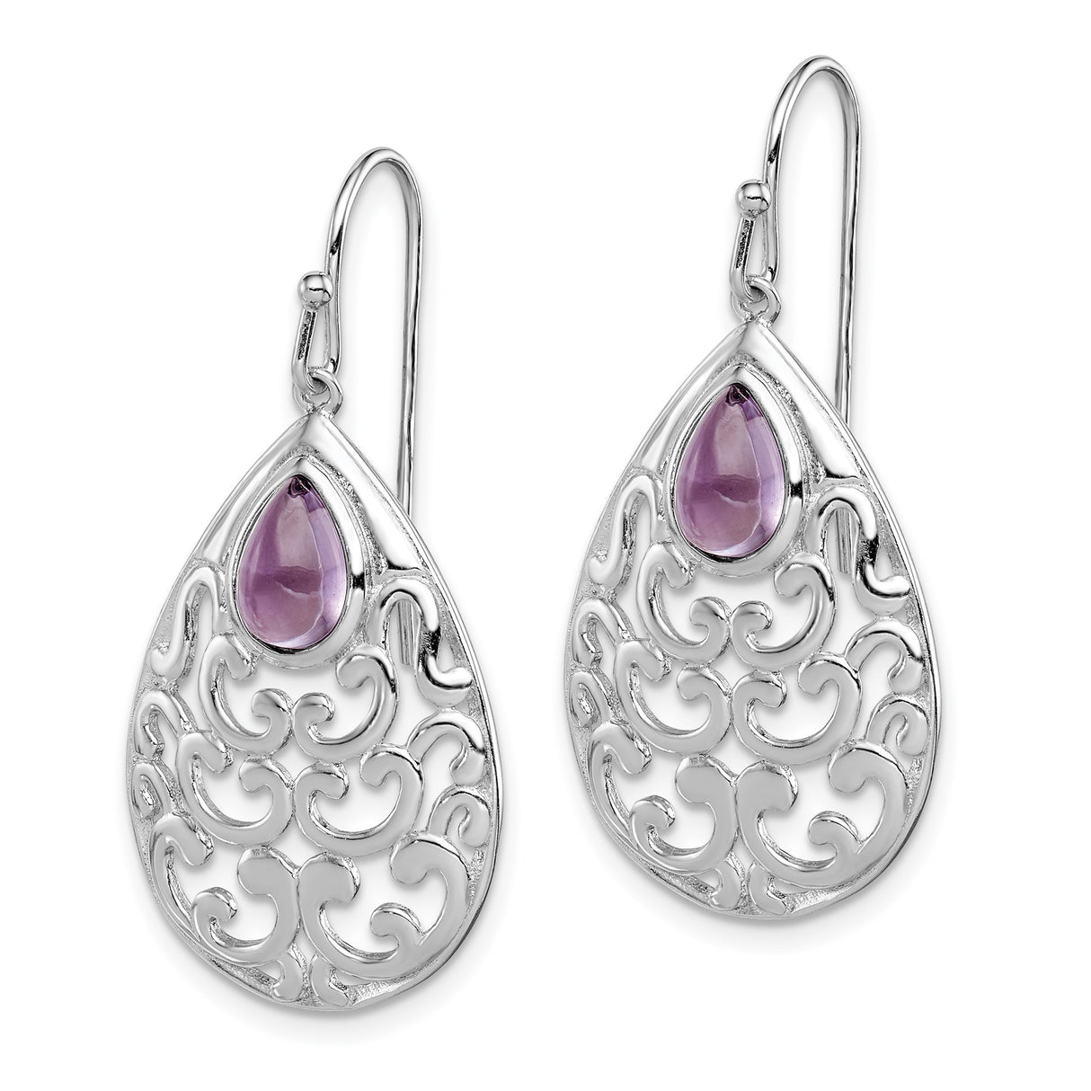 Sterling Silver Teardrop Dangle Earrings with Amethyst and Filigree Swirl Design