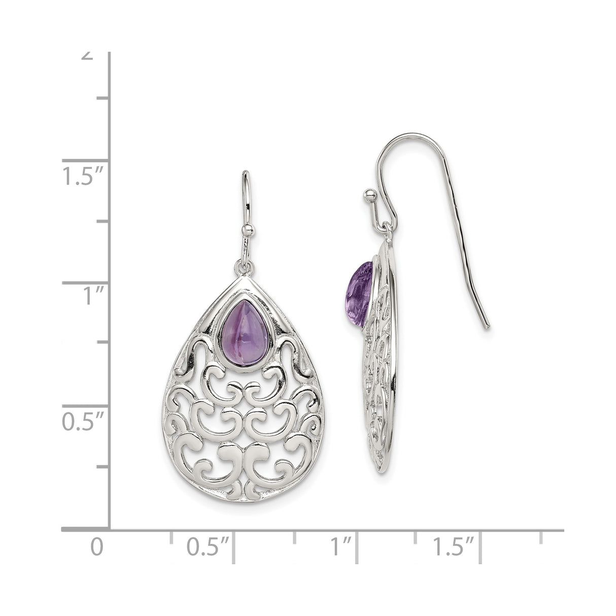 Sterling Silver Teardrop Dangle Earrings with Amethyst and Filigree Swirl Design