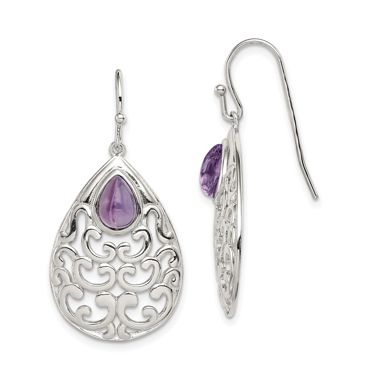 Sterling Silver Teardrop Dangle Earrings with Amethyst and Filigree Swirl Design